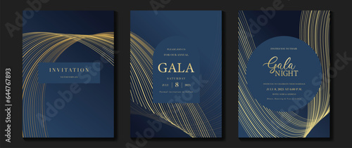 Luxury invitation card background vector. Golden curve elegant, gold line gradient on dark blue color background. Premium design illustration for gala card, grand opening, party invitation, wedding.