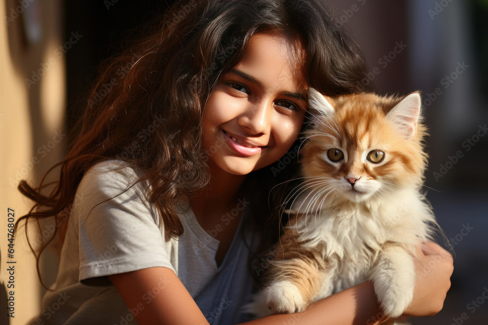 Indian cute girl with cat, both looking at camera