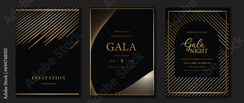 Luxury invitation card background vector. Golden curve elegant, gold line gradient on dark color background. Premium design illustration for gala card, grand opening, party invitation, wedding.