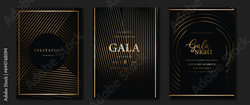 Luxury invitation card background vector. Golden curve elegant, gold line gradient on dark color background. Premium design illustration for gala card, grand opening, party invitation, wedding.