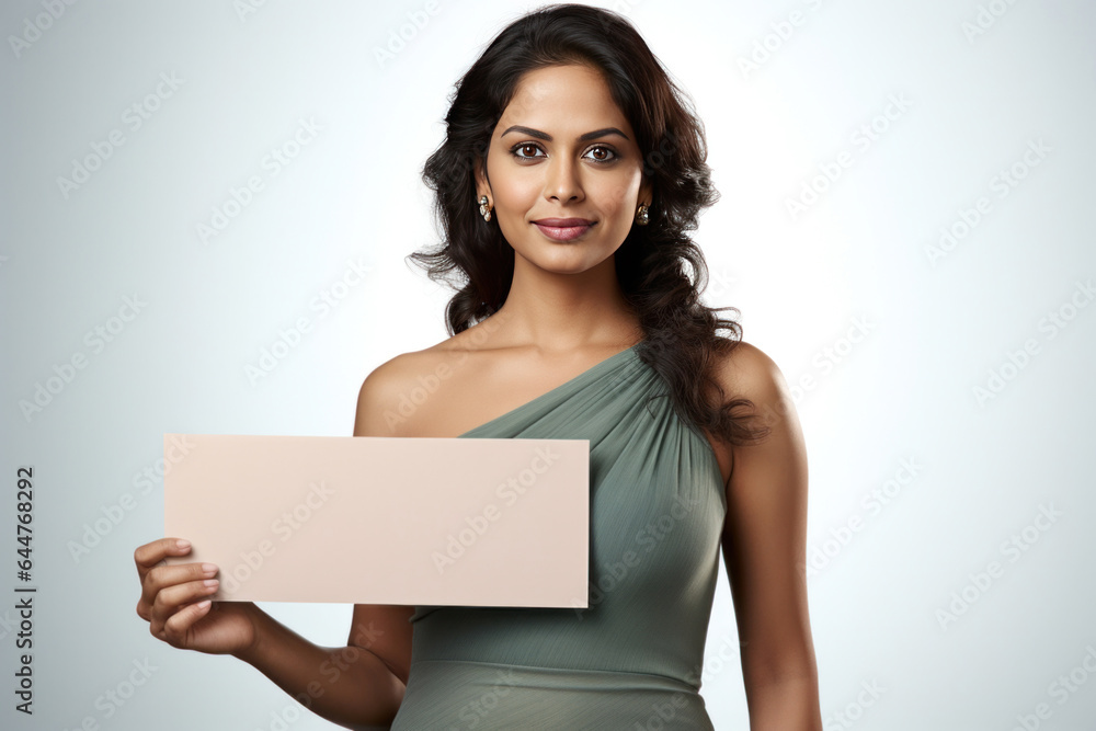 Indian happy woman holds blank white board or placard Indian happy woman holds blank white board or placard