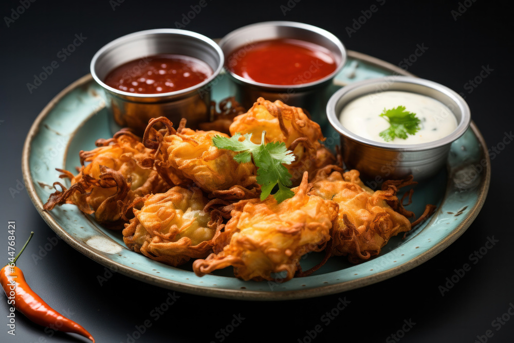 Crispy Onion Pakoda or Kanda Bajji with tomato ketchup Crispy Onion Pakoda or Kanda Bajji with tomato ketchup