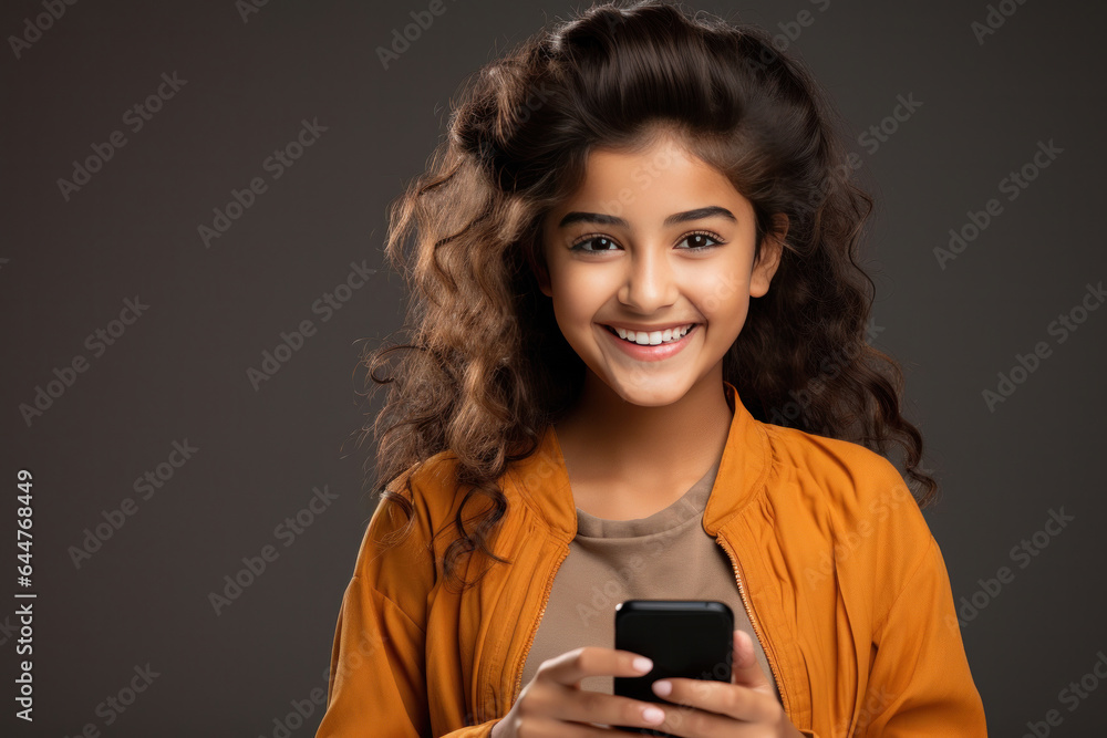 Indian girl using smartphone, happy expressions Indian girl using smartphone, happy expressions