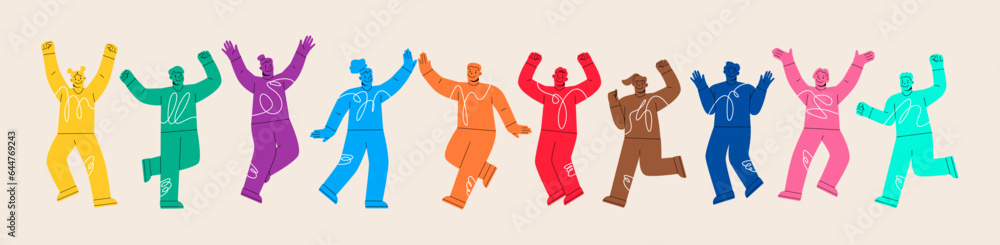 Happy group of people jumping. The concept of happiness, joy and success. Colorful vector illustration