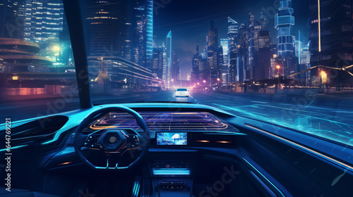 Car driving on a city road at night