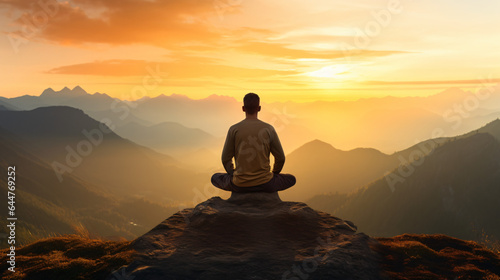 Back view of a man sitting in yoga pose in the sunrise