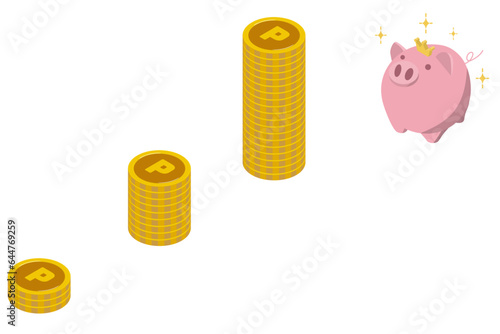 右肩上がりのポイントのコインタワーと豚の貯金箱のイラスト。アイソメトリック構図。ポイントアップのイメージ素材。
