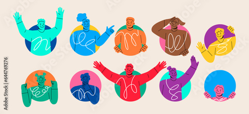 People doing various gestures in a circular frame. Men and women looking out of circle window. Colorful vector illustration