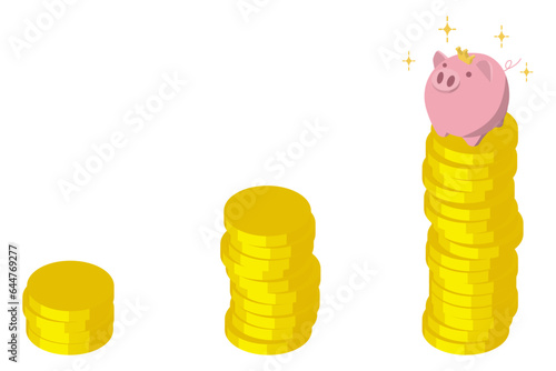 右肩上がりのコインタワーと豚の貯金箱のイラスト。アイソメトリック構図。投資、資産運用で資産が増えていくイメージ。 