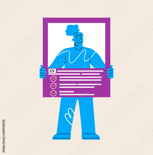 Applicant woman Holding Cv or Curriculum Vitae Professional Staff Recruitment Concept. Colorful vector illustration