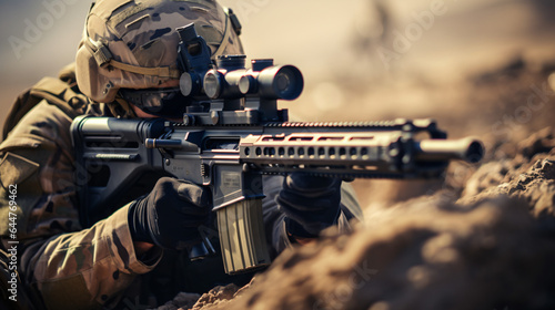 Close-up of skilled army sniper aiming with optical