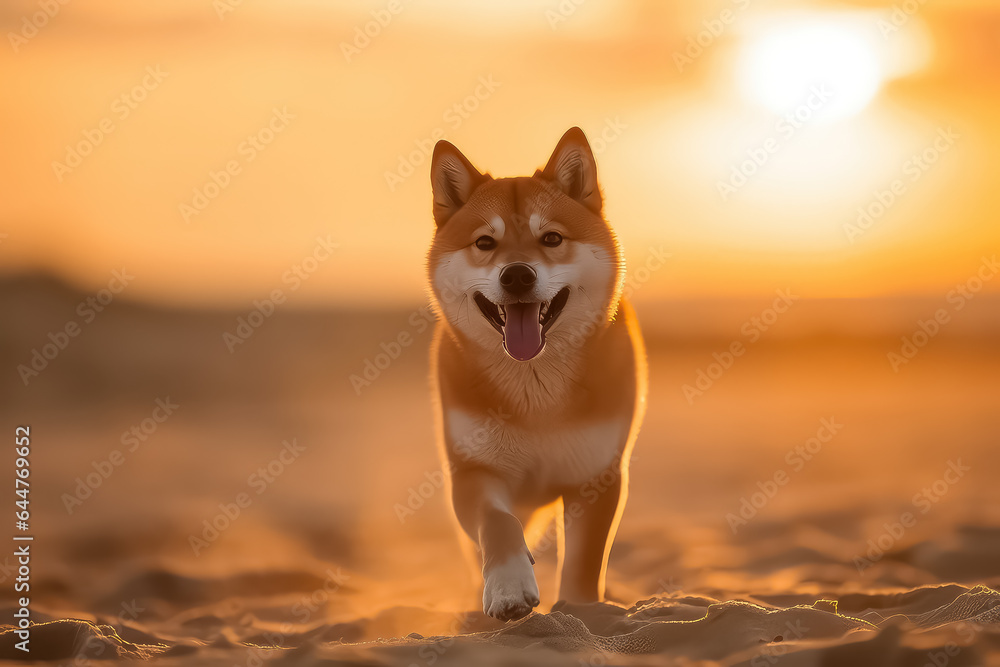 Cute japanese shiba inu dog closeup on the beach in japan,