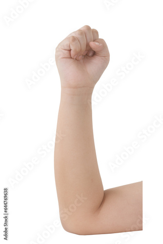 Boy hand gestures isolated over the white background. Fist.