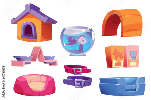 Puppy or dog house and cat food vector care element. Cartoon animals accessory clipart illustration set. Isolated animal bed, feed supplies and aquarium with fish png supermarket object collection