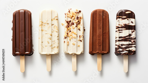 Different chocolate covered ice cream on stick