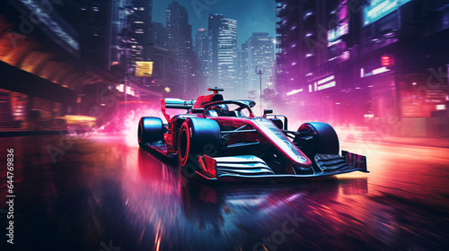 Formula 1 driving on a city road at night