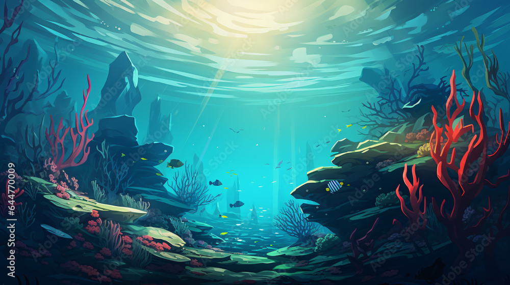 Retro style marine landscape with underwater view