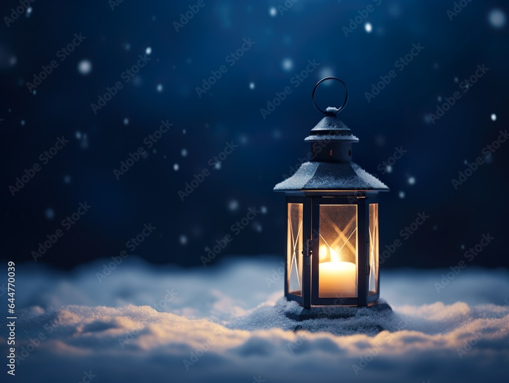 Warm winter lantern glowing on the snow. Generative AI Warm winter lantern glowing on the snow. Generative AI