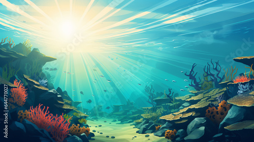 Retro style marine landscape with underwater view
