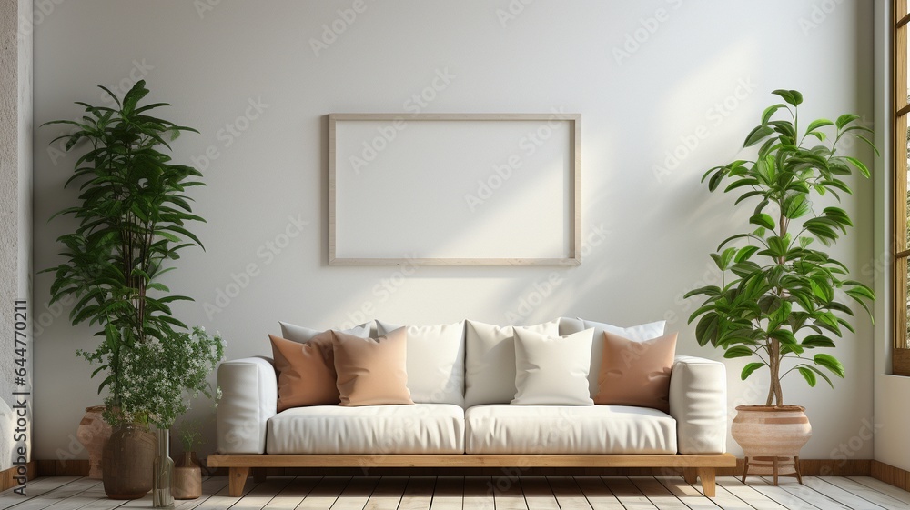 Naklejka premium Bohemian interior background, wooden living room design, mock-up poster frame. .