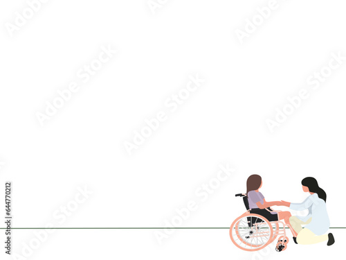 one line vector illustration about girl in wheelchair, mother encouraging paralyzed daughter, mother's love for daughter. flat design for presentation and banner