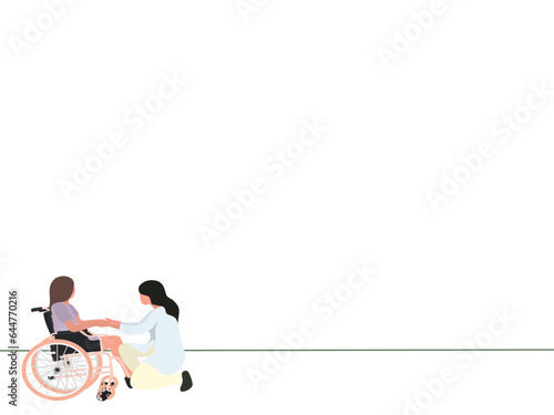 one line vector illustration about girl in wheelchair, mother encouraging paralyzed daughter, mother's love for daughter. flat design for presentation and banner