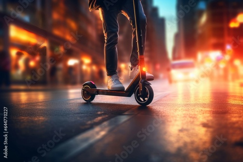 Young man ride electric scooter. Generate Ai