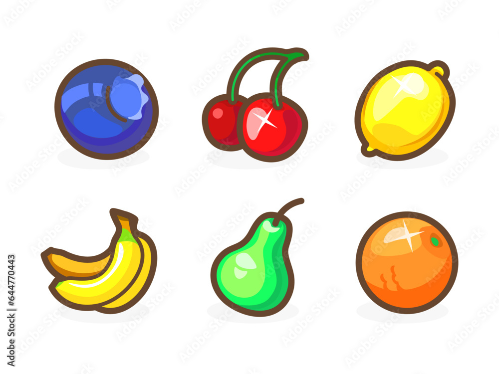 Game or slot-machine icons of fruits for your app. Bright remarkable UI elements. Good for animation. Lemon, banana, cherry and others. Vector illustration for your business. Game or slot-machine icons of fruits for your app. Bright remarkable UI elements. Good for animation. Lemon, banana, cherry and others. Vector illustration for your business.