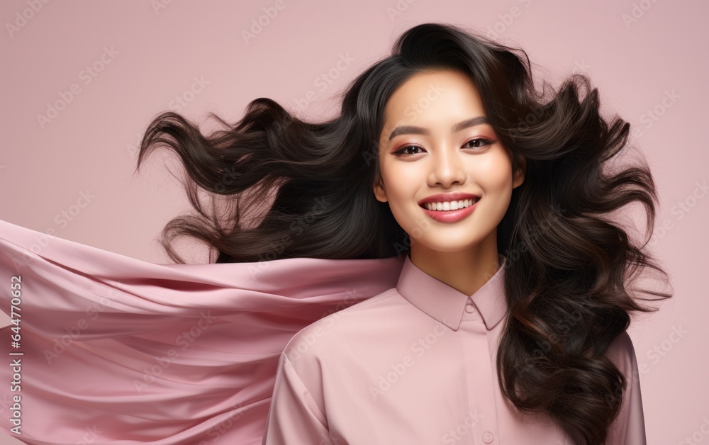 Φωτογραφία beauty portrait of a young asian woman with black hair and silk scarf on pink ba