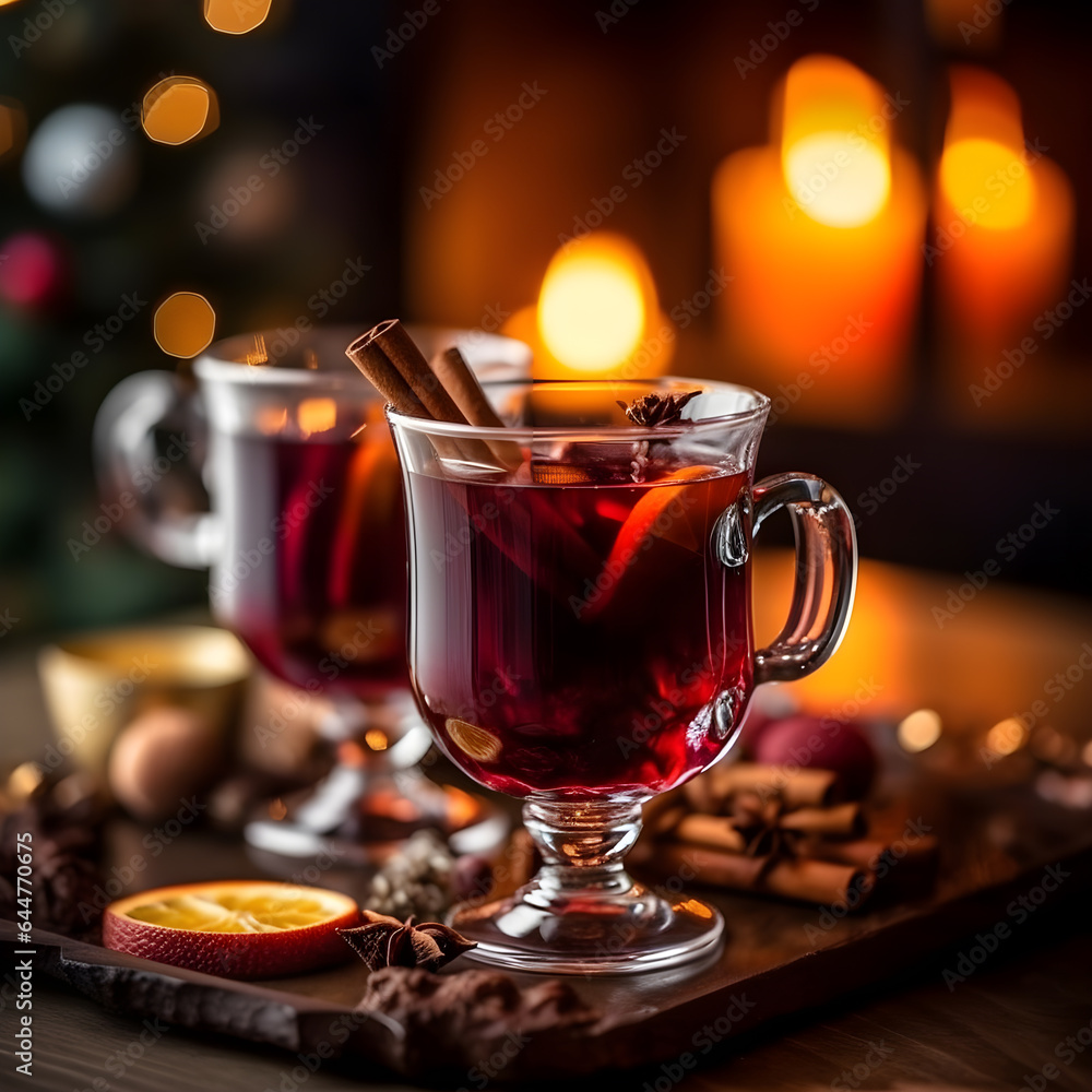Mulled wine with Christmas tree and fireplace in the background Mulled wine with Christmas tree and fireplace in the background