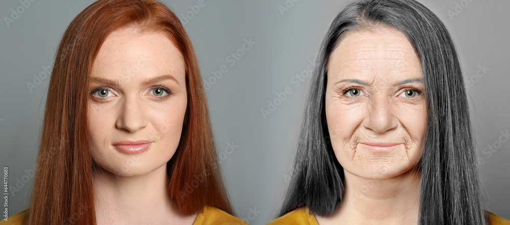 Collage with photos of woman in different ages on grey background Collage with photos of woman in different ages on grey background