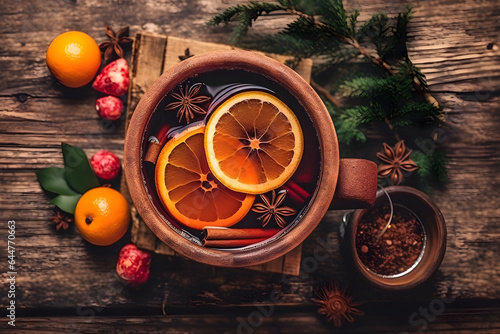 Seasoned red mulled wine in pot