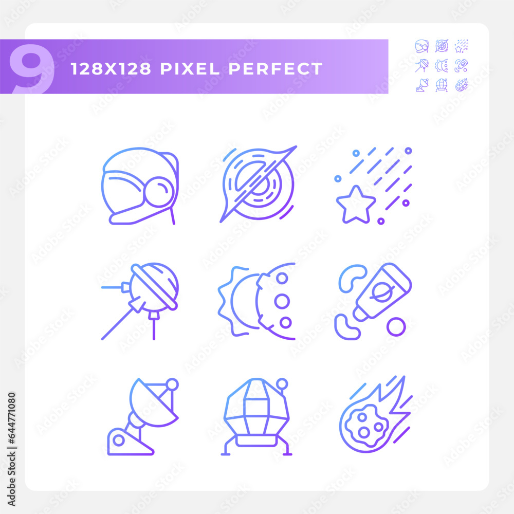 Space station pixel perfect gradient linear vector icons set. Zero gravity. Celestial event. Science research. Thin line contour symbol designs bundle. Isolated outline illustrations collection Space station pixel perfect gradient linear vector icons set. Zero gravity. Celestial event. Science research. Thin line contour symbol designs bundle. Isolated outline illustrations collection