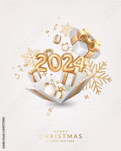 Christmas and New Year 2024 greeting card with open gift box with numbers, balls, gift boxes, confetti, ribbons and snowflakes