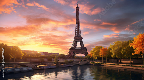 Beautiful view of Eiffel Tower in Paris with sunset
