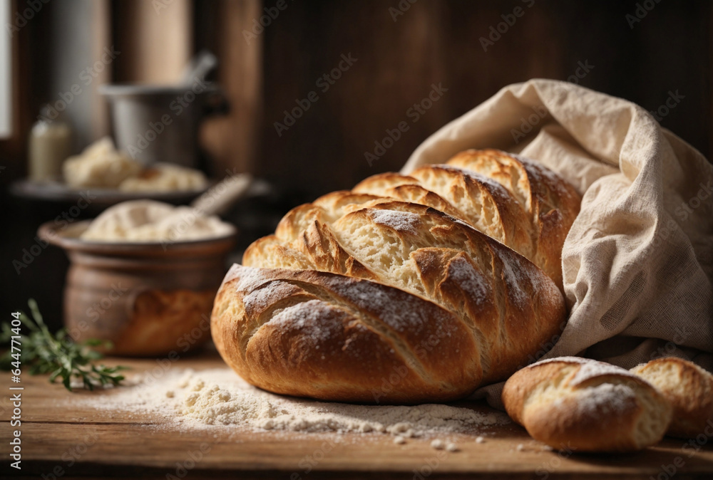 Pane appena uscito dal forno su un tavolo di legno