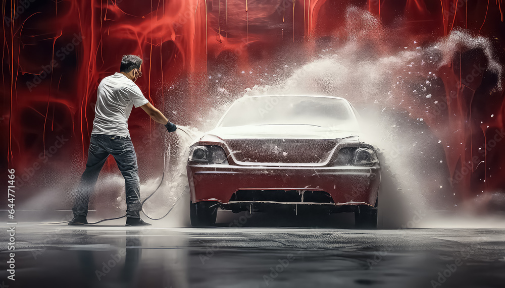 Worker washing a red car at a car wash - obrazy, fototapety, plakaty 