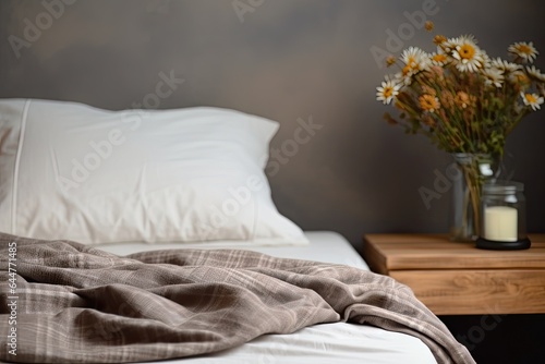 Modern interior cozy bedroom design with wall and a vase with autumn leaves with on wooden wall background  selective focus