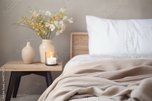 Modern interior cozy bedroom design with wall and a vase with autumn leaves with on wooden wall background, selective focus