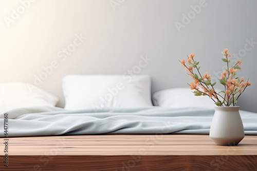 Modern interior cozy bedroom design with wall and a vase with autumn leaves with on wooden wall background, selective focus