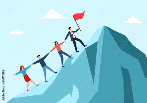 Group of men and women climb the mountain. The metaphor of success in business, career, teamwork, progress, leadership, cooperation.