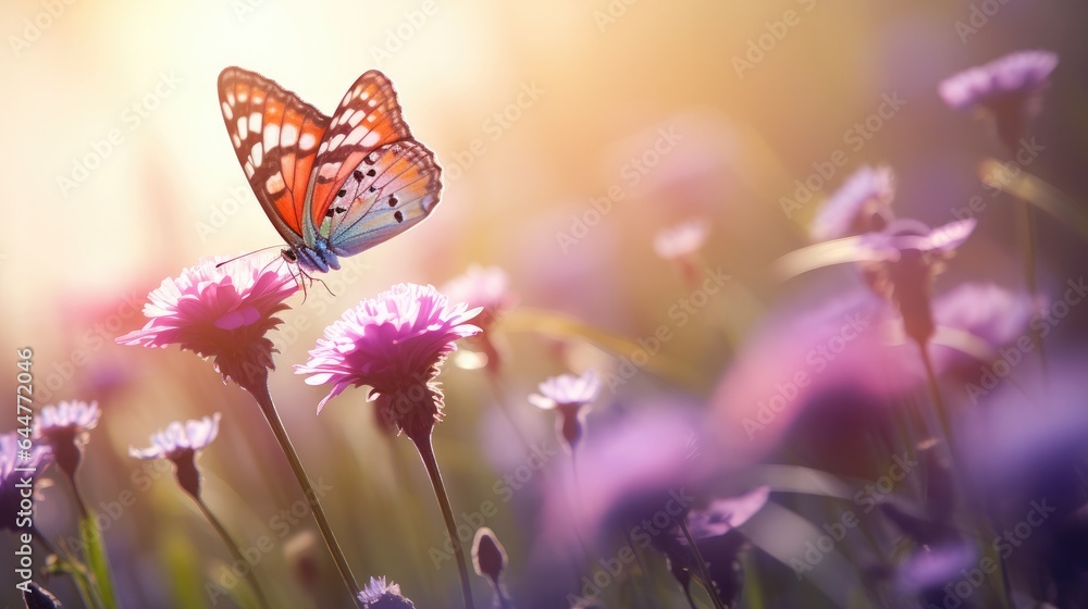 Beautiful flowers bloom with a butterfly in the spring field in morning Beautiful flowers bloom with a butterfly in the spring field in morning