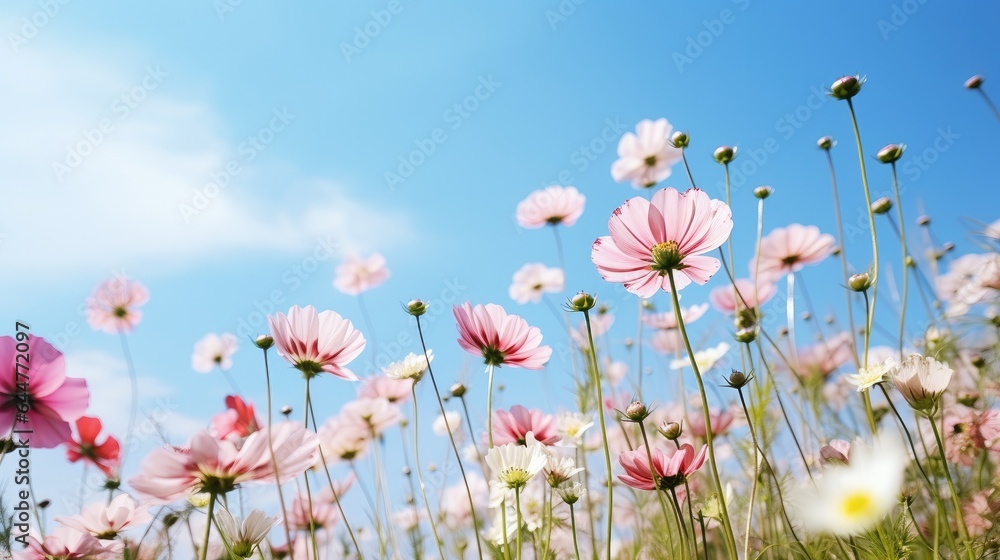 Beautiful flower background image in full bloom with blue sky in the spring field.