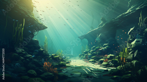 Retro style marine landscape with underwater view