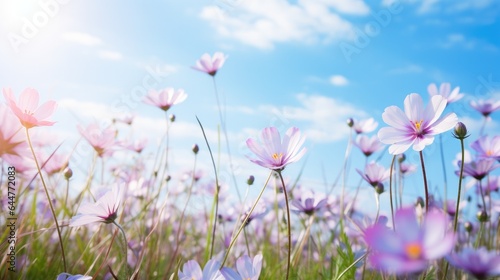 Beautiful flower background image in full bloom with blue sky in the spring field.