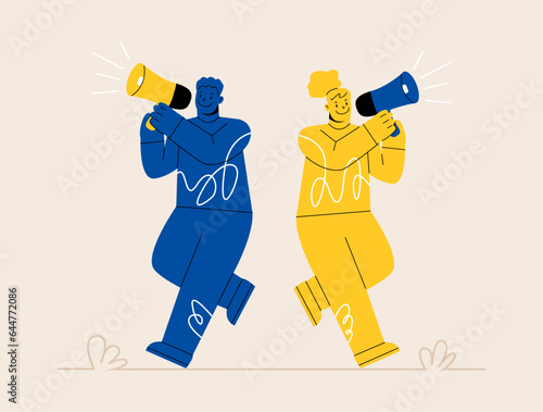 Man and woman  standing speaking shouting. Announcement and promotion concept. Colorful vector illustration
