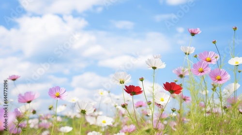 Beautiful flower background image in full bloom with blue sky in the spring field. © Parichat