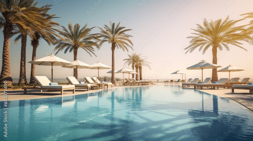 Luxurious swimming pool and loungers umbrellas near beach.