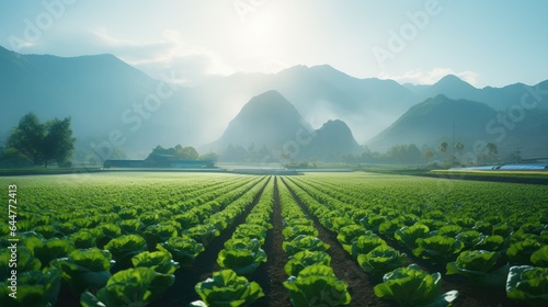 Beautiful vegetable garden arranged in the mountains in the morning, natural vegetable growing concept