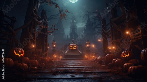 Image of pumpkins lined up on ground in front of haunted castle, Halloween concept